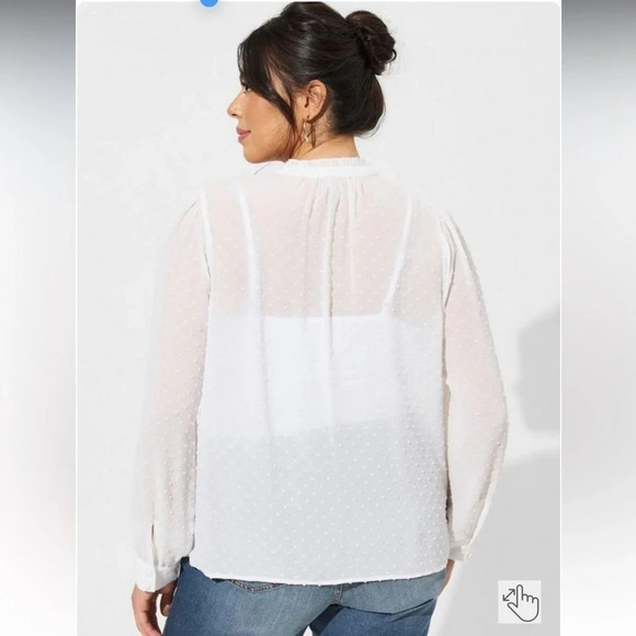 Torrid | Cloud White Sheer Chiffon Clip Dot Ruffle Neck Tie Front Top 5X NWT - Picture 4 of 6